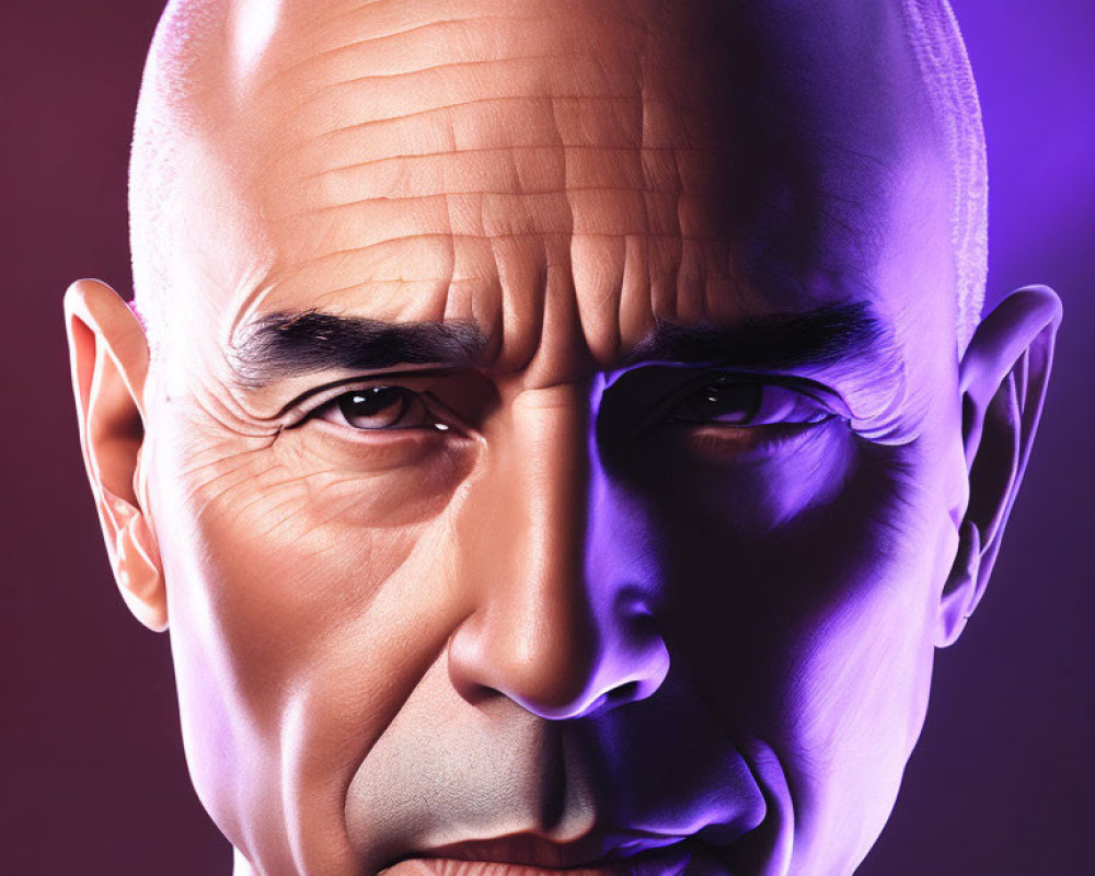 Detailed 3D rendering of stern bald male figure on vibrant purple backdrop