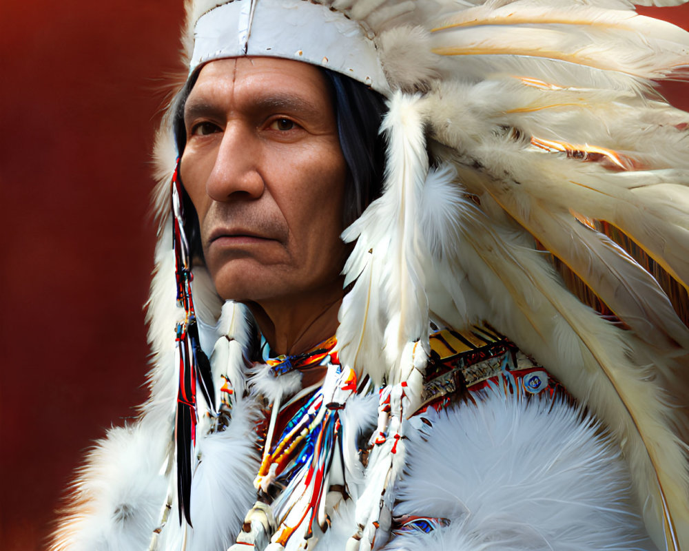 Traditional Native American Headdress with White Feathers on Red Background