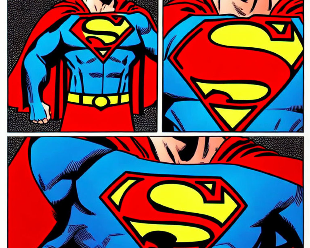 Close-up comic book panels of Superman and another superhero's costume details