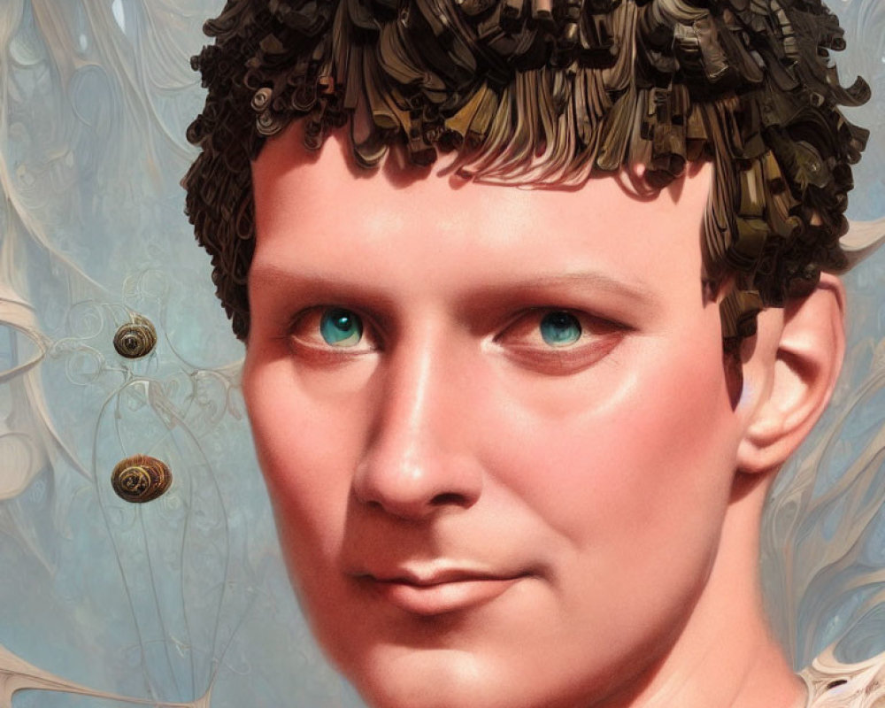 Detailed digital portrait of a man with curly hair and vibrant blue eyes on whimsical background