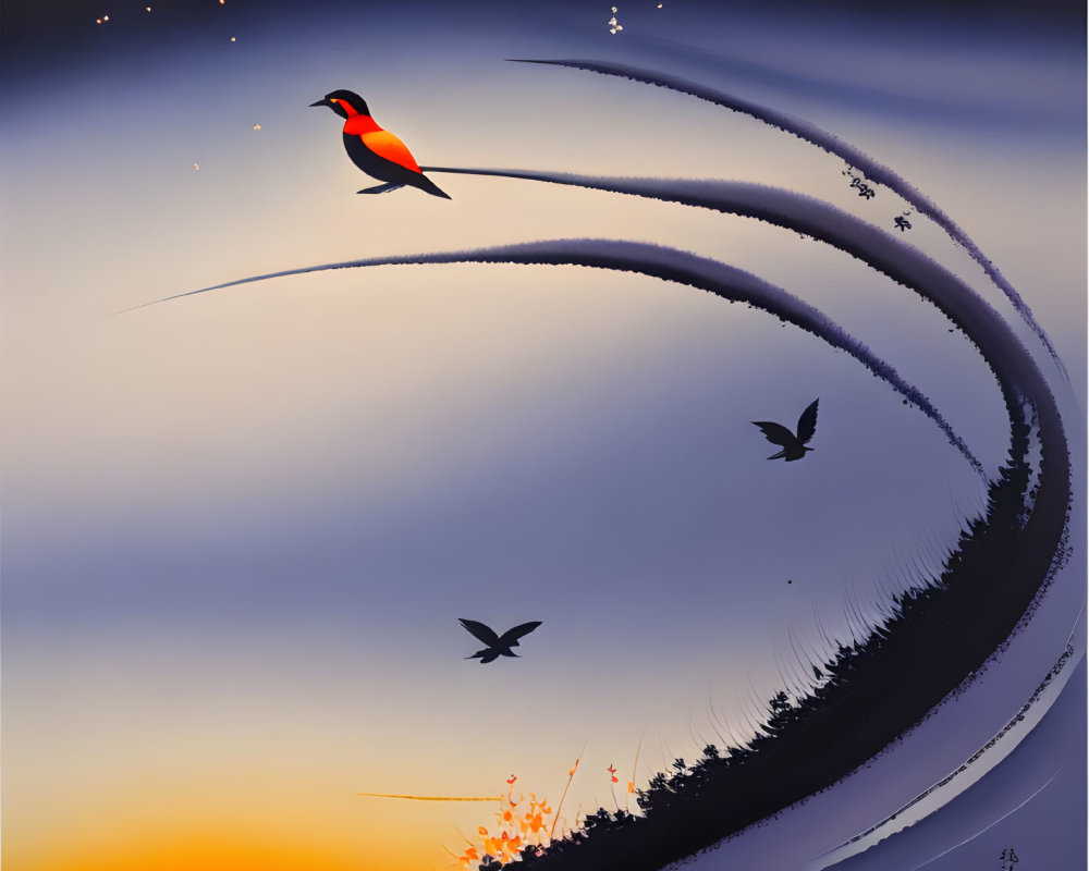 Vibrant red bird in foreground with silhouettes soaring above abstract landscape