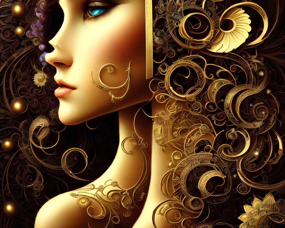 Portrait of woman with gold hair patterns, blue eye, elaborate earrings, against dark ornate background