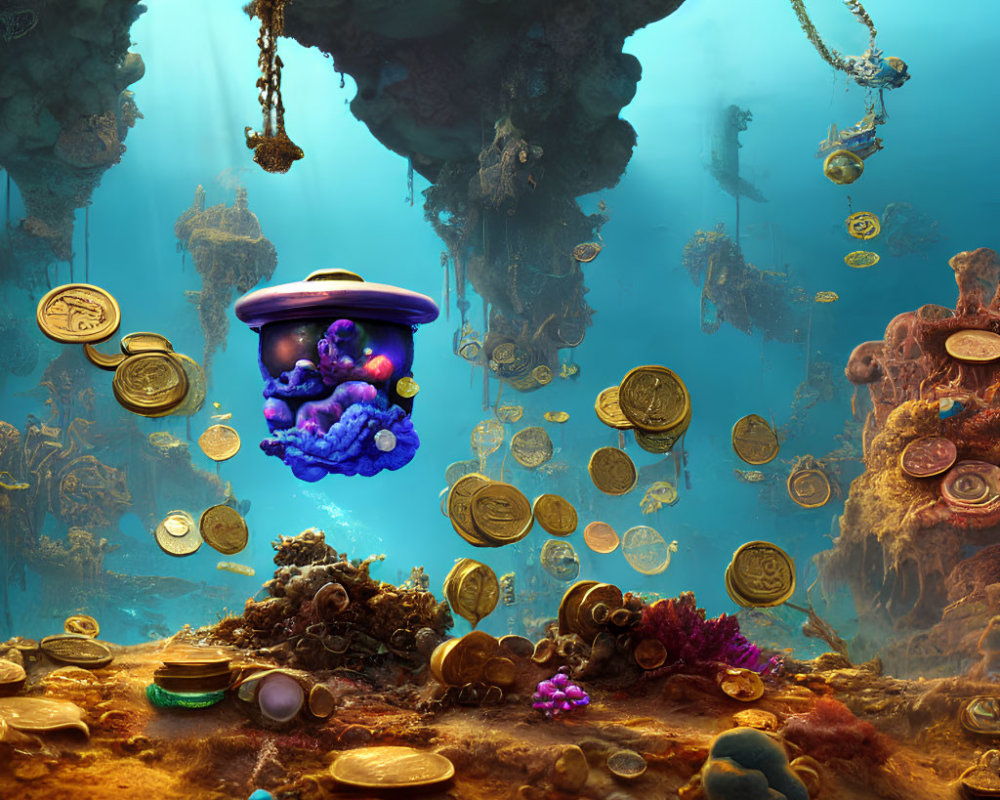 Sunlit Underwater Scene with Treasure Chest, Golden Coins, and Colorful Corals