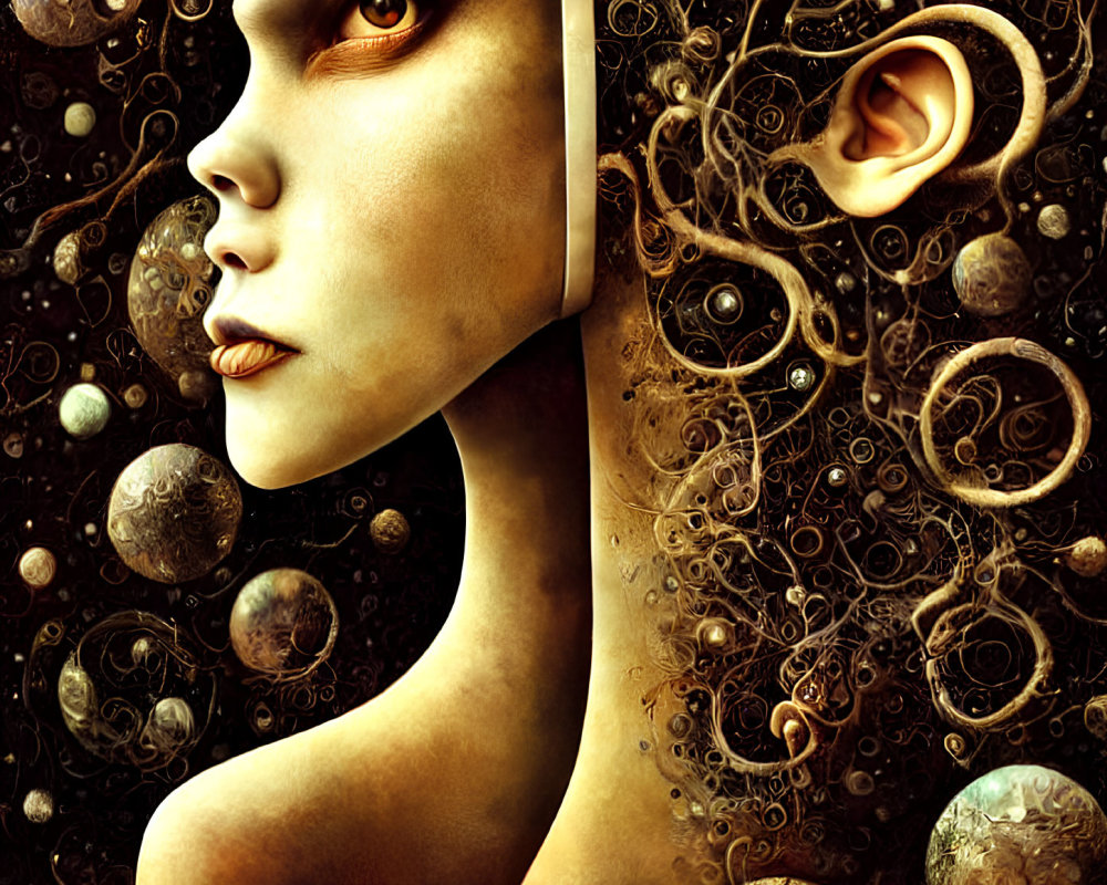 Surrealist humanoid portrait with golden eye in cosmic setting