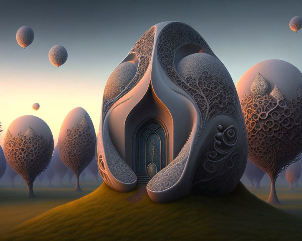 Whimsical surreal landscape with organic-shaped buildings and floating orbs