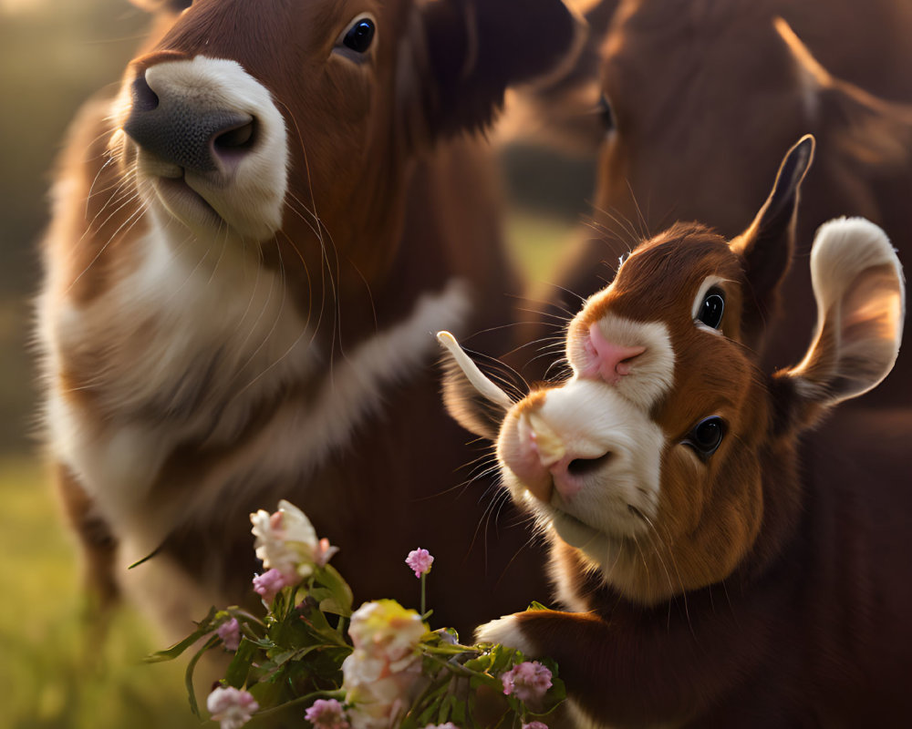 Brown and White Cows Sniffing Flowers in Sunlit Field