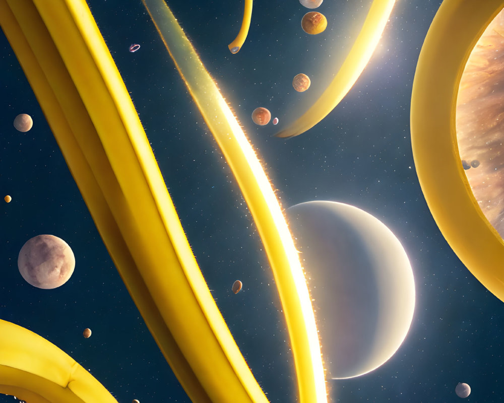 Giant bananas orbit planets in whimsical space scene