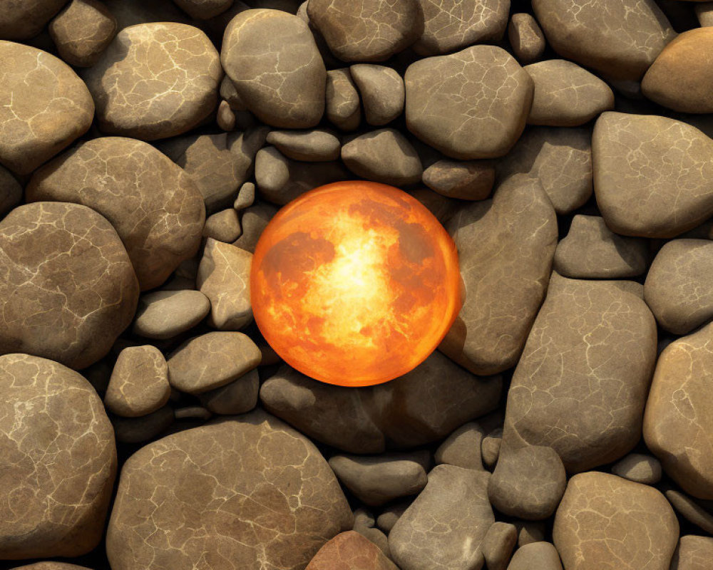 Glowing Orange Orb Among Grey-Brown Stones