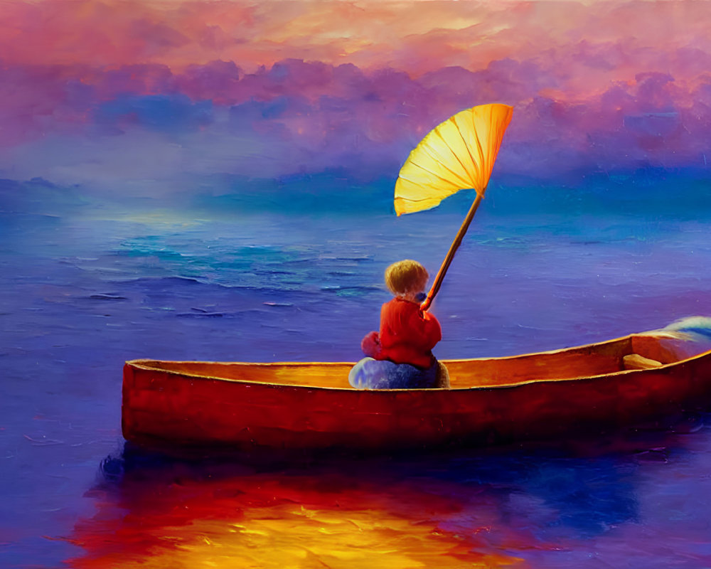 Child in Red Canoe with Leaf Sail at Sunset