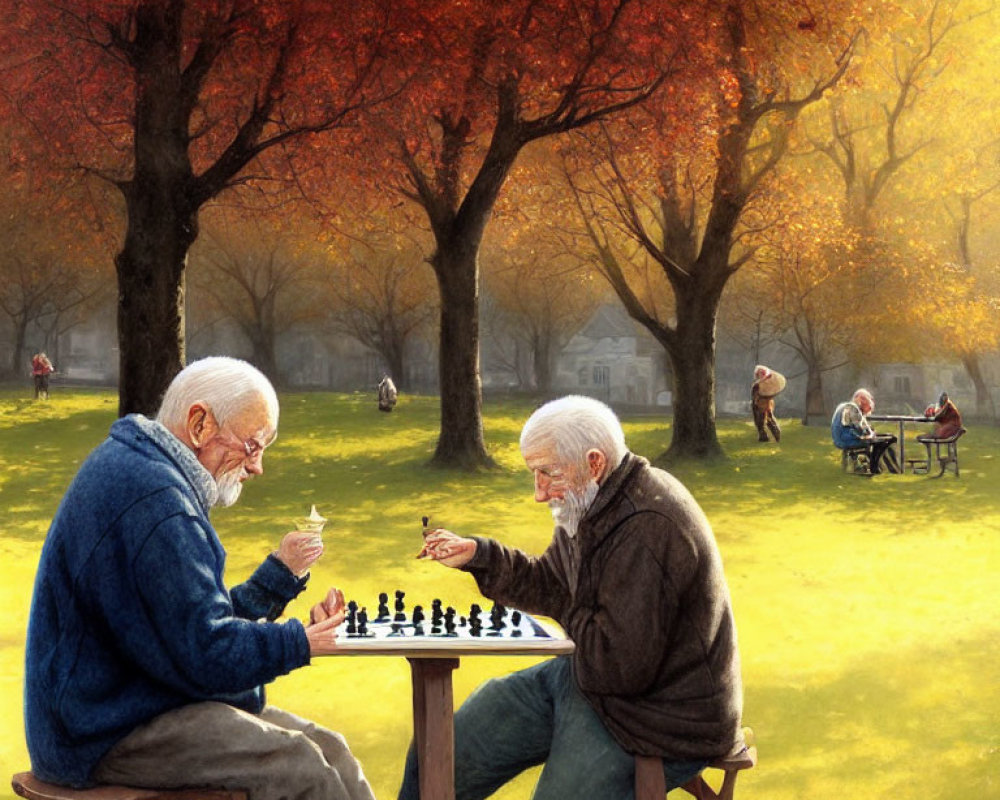 Elderly Men Playing Chess in Autumn Park