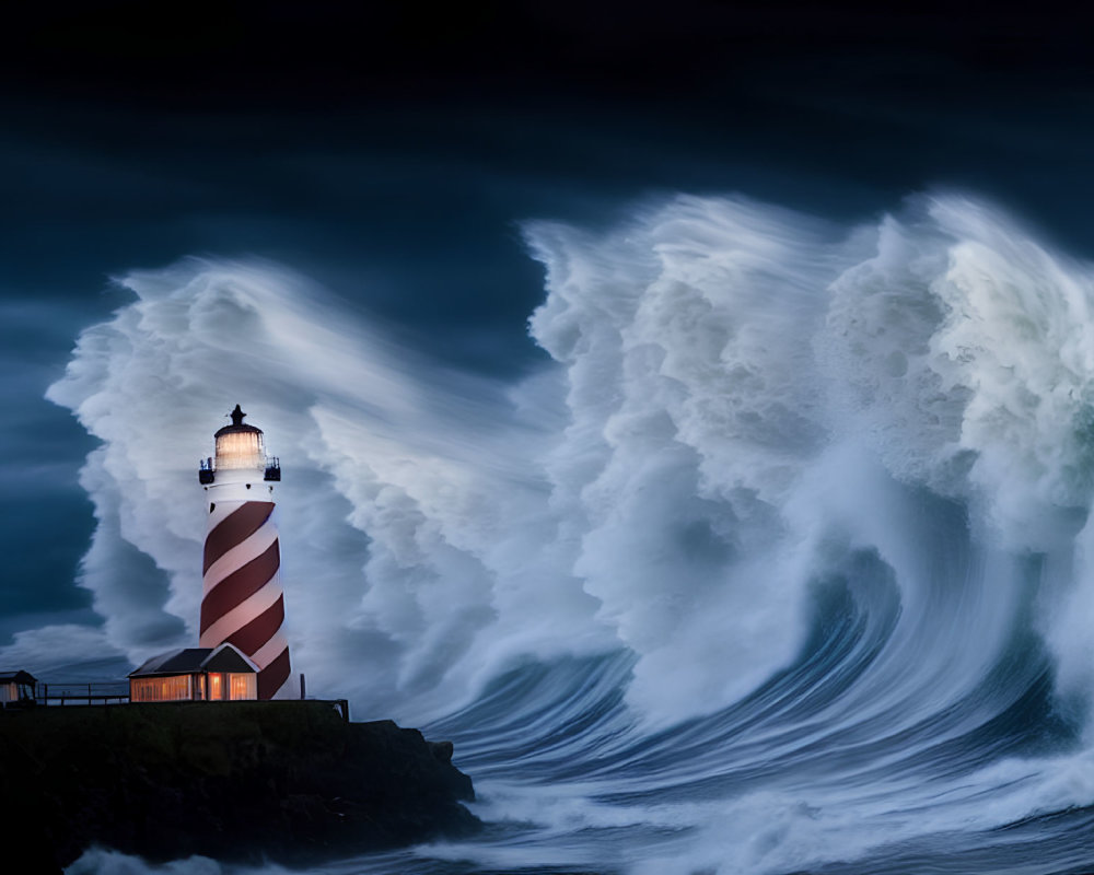 Towering Red and White Striped Lighthouse in Stormy Sea