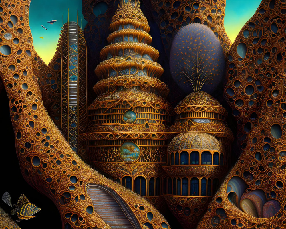 Fantastical image: Hive-like buildings and flying fish in twilight sky