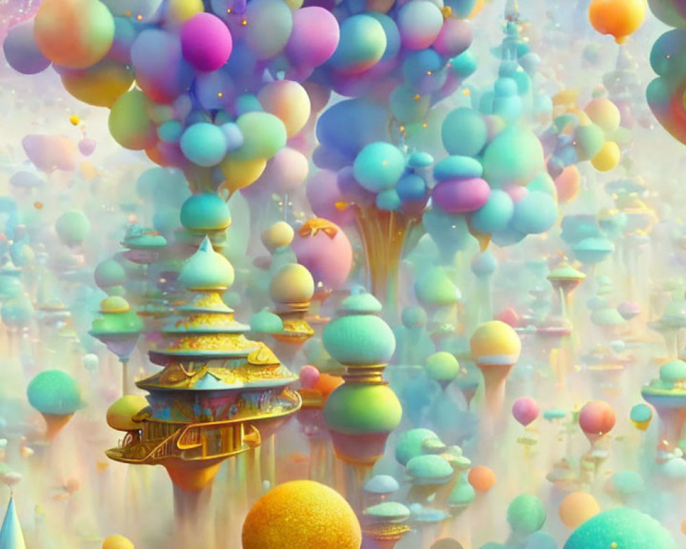 Vibrant surreal towers and trees in dreamlike landscape