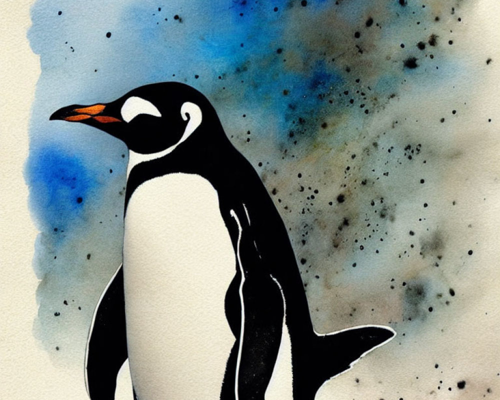 Watercolor Penguin Illustration with Orange Beak on Blue Background