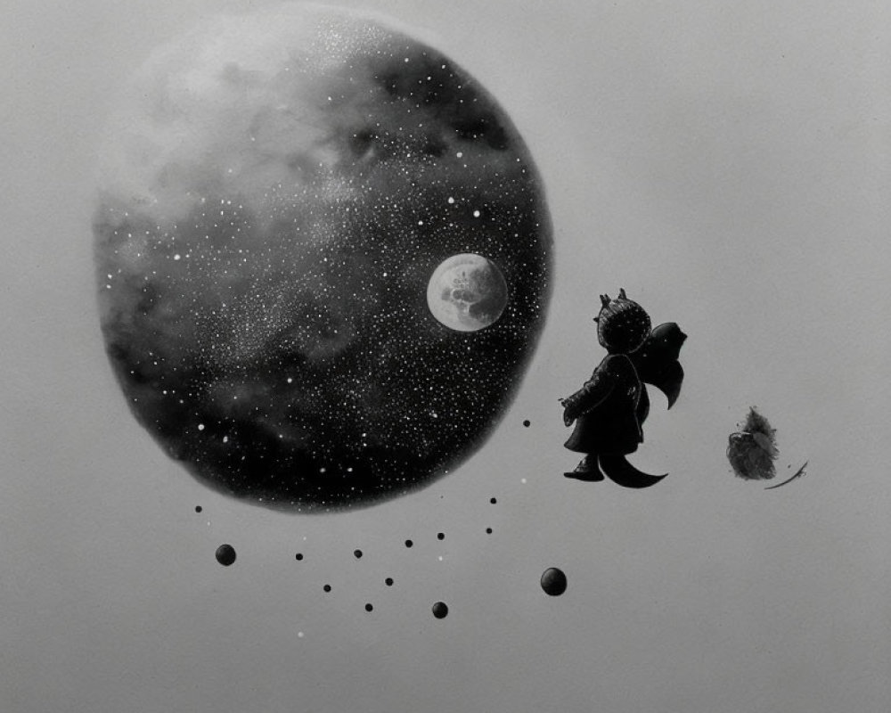 Child in dragon costume on floating rock gazes at moons in surreal cosmic scene