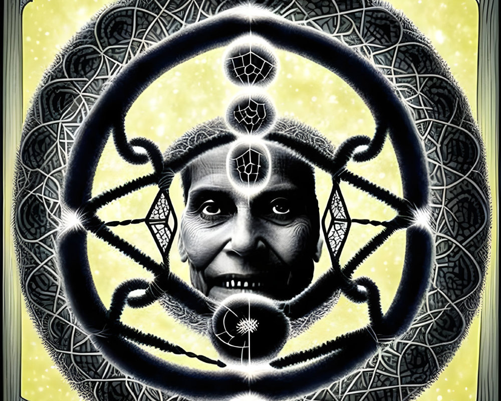 Symmetrical black and white human face illustration with intricate patterns and cosmic motifs