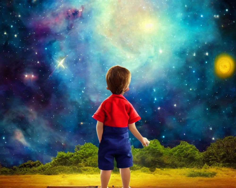 Child on Wooden Walkway Gazes at Star-Filled Cosmic Scene