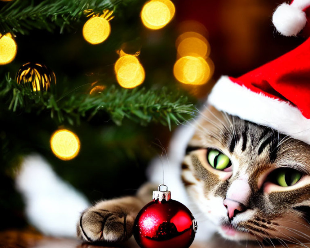 Cat in Santa Hat Resting by Christmas Tree with Red Bauble