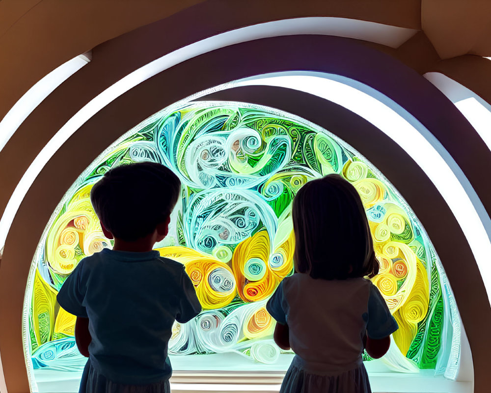 Children admiring circular stained glass window in arched passageway