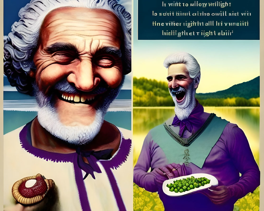 Split Illustration: Bearded Man in Classical Attire with Donut & Peas Bowl