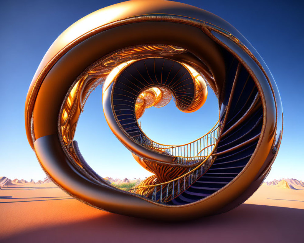 Surreal 3D illustration: Gold and blue Mobius strip staircase in desert landscape