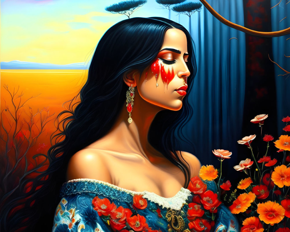 Dark-haired woman in floral dress with tear of blood, vibrant flowers, sunset background