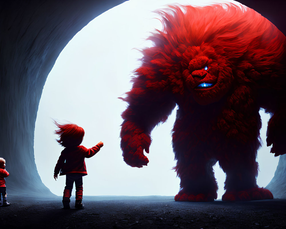 Child in red meets fluffy red monster in dark cave, observed by second child