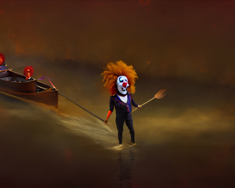 Clown mask figure guides boat in misty waterway