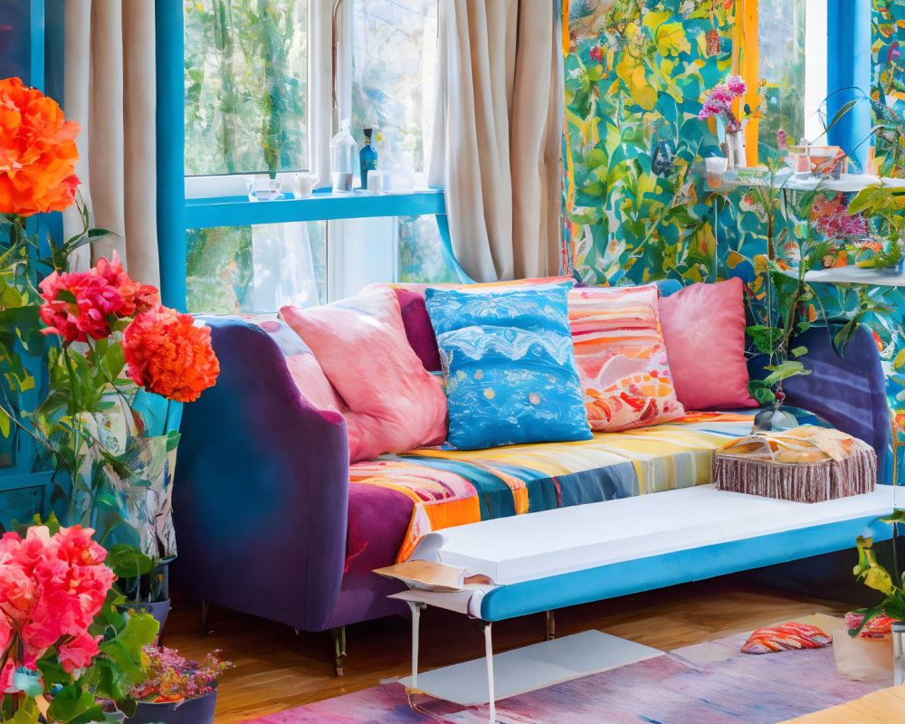 Colorful living room with multicolored sofa, bright cushions, and floral wallpaper