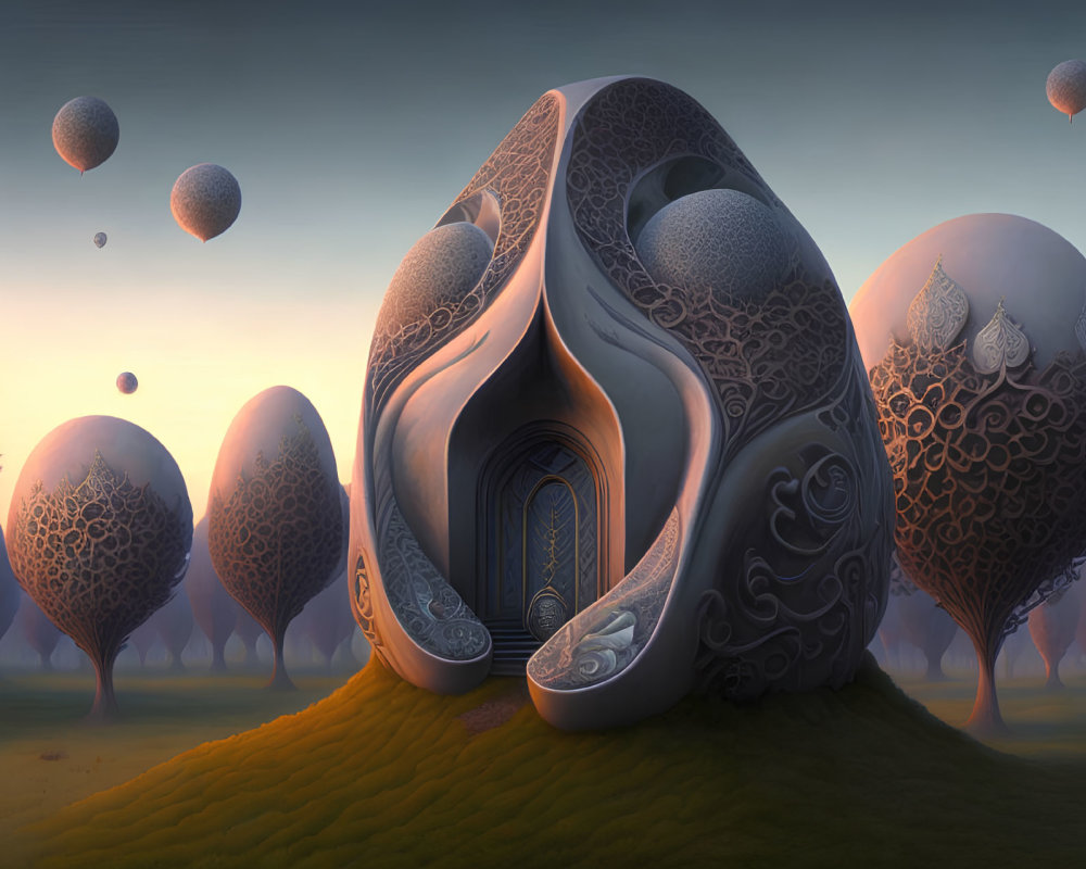 Fantastical surreal landscape with curled leaf structure and floating orbs