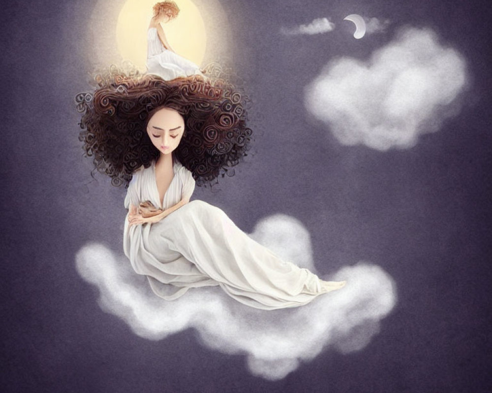 Illustration of woman with voluminous hair on cloud under full moon