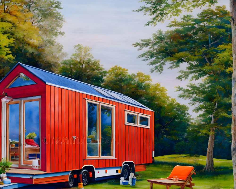 Vibrant Orange Tiny House in Serene Woodland Clearing