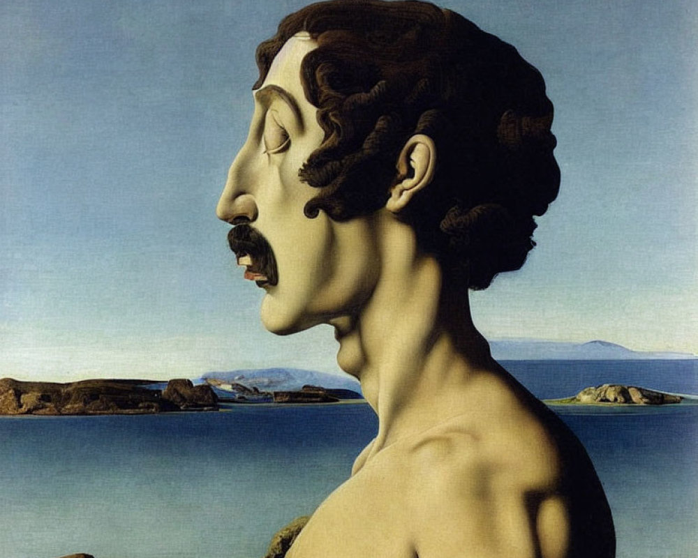 Surreal painting: Male figure with contorted face becomes landscape.