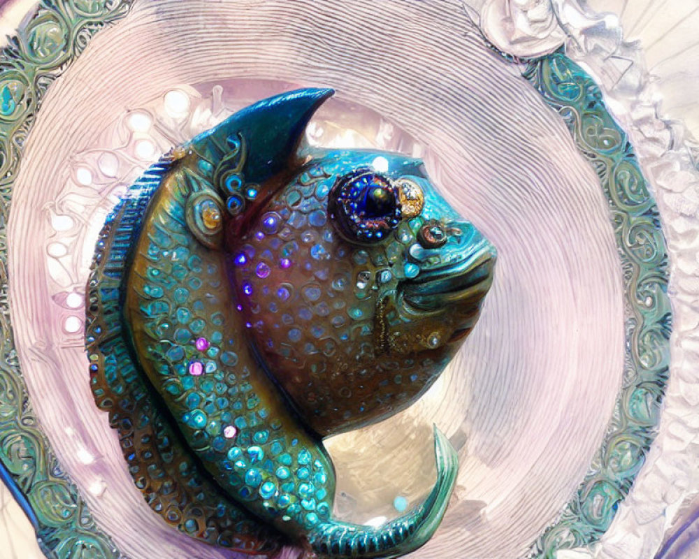 Colorful Fish Artwork with Gemstone Eye and Sequins on Textured Background