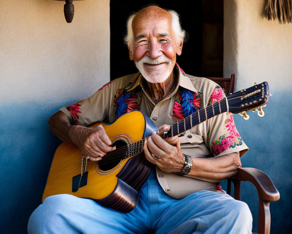 Elderly man playing guitar in floral shirt against blue backdrop