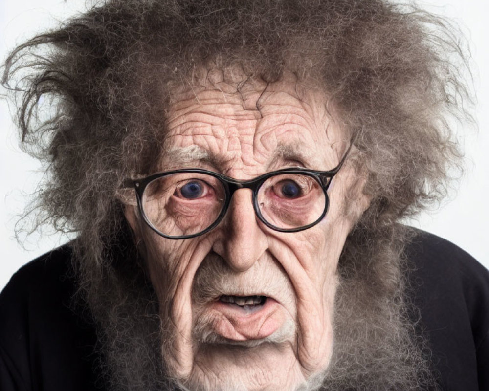 Elderly person with bushy gray hair and large glasses on white background