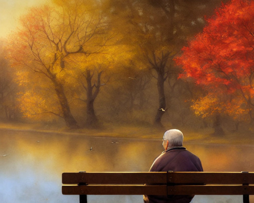 Tranquil lake scene with elderly person on park bench