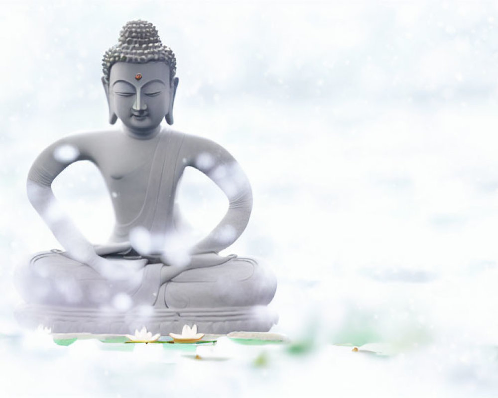 Tranquil Buddha statue meditating by water with lotus flowers