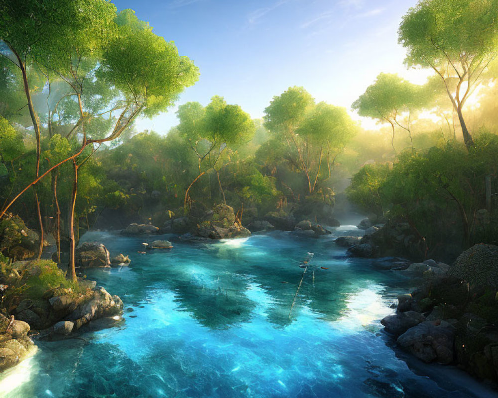 Tranquil Forest Landscape with Green Trees and Turquoise River