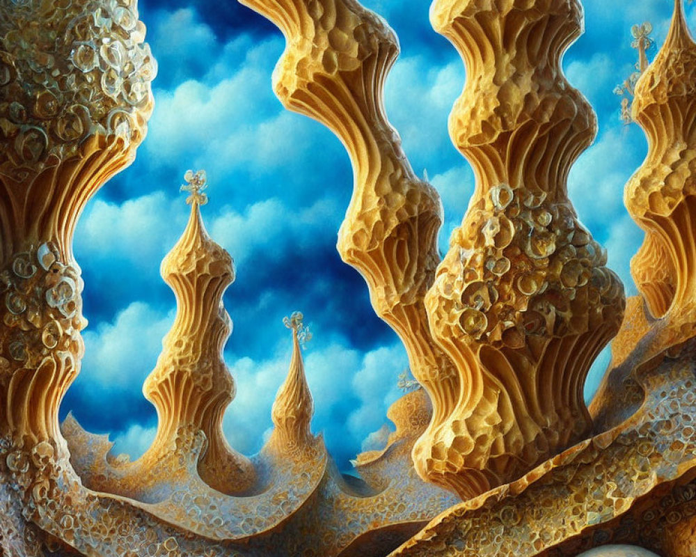 Surreal fantasy landscape with golden towers under vibrant blue sky