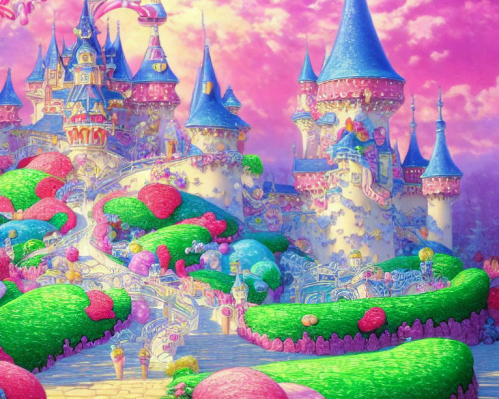 Fantasy castle with pink and blue turrets in candy-like landscape