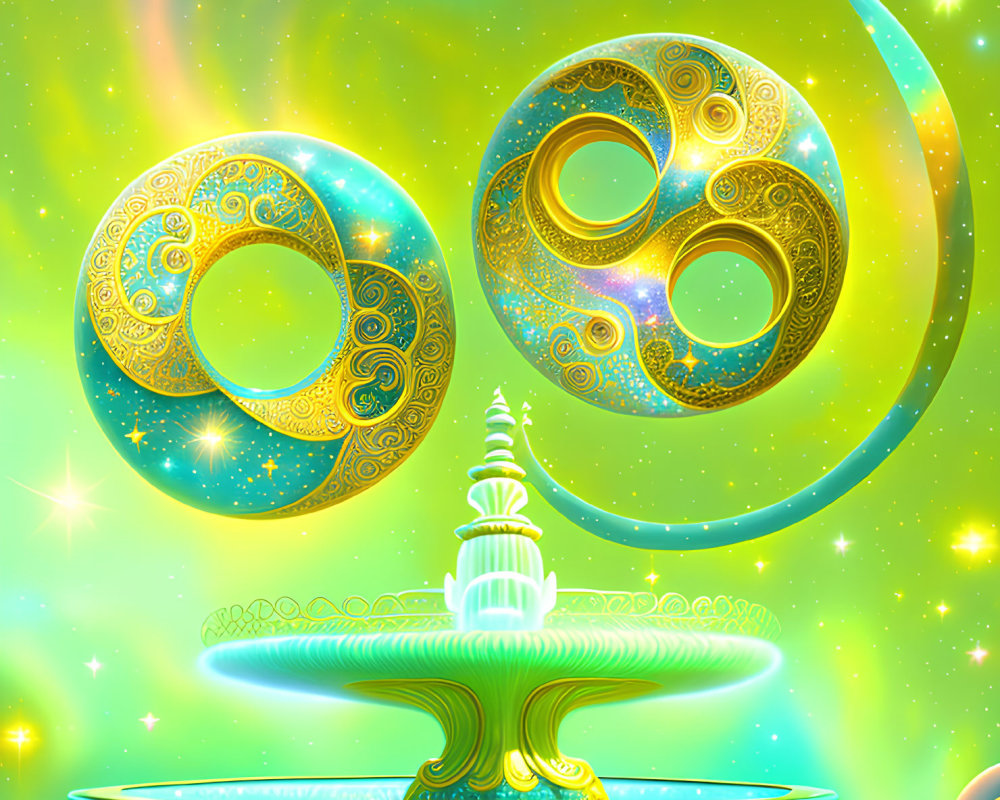 Vibrant fantasy landscape with celestial structure, ornate rings, crescent moon, and luminous