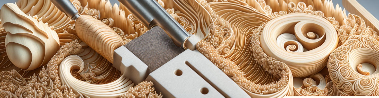 Intricate 3D wooden carving with swirling patterns and textures