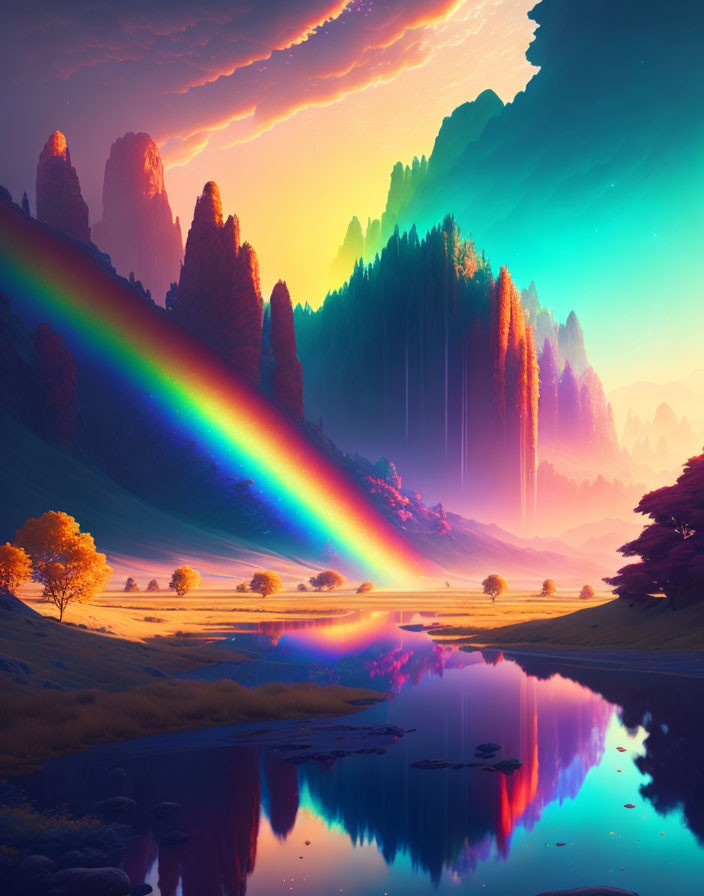 Vibrant rainbow over tranquil river in forested mountains at sunrise or sunset