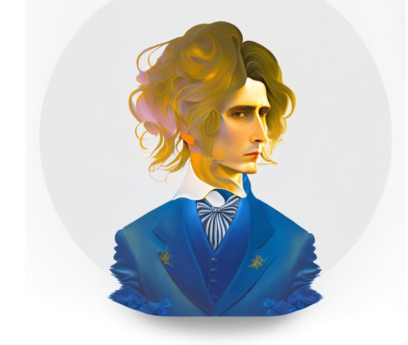 Surreal colorful illustration of person with wavy hair in blue suit