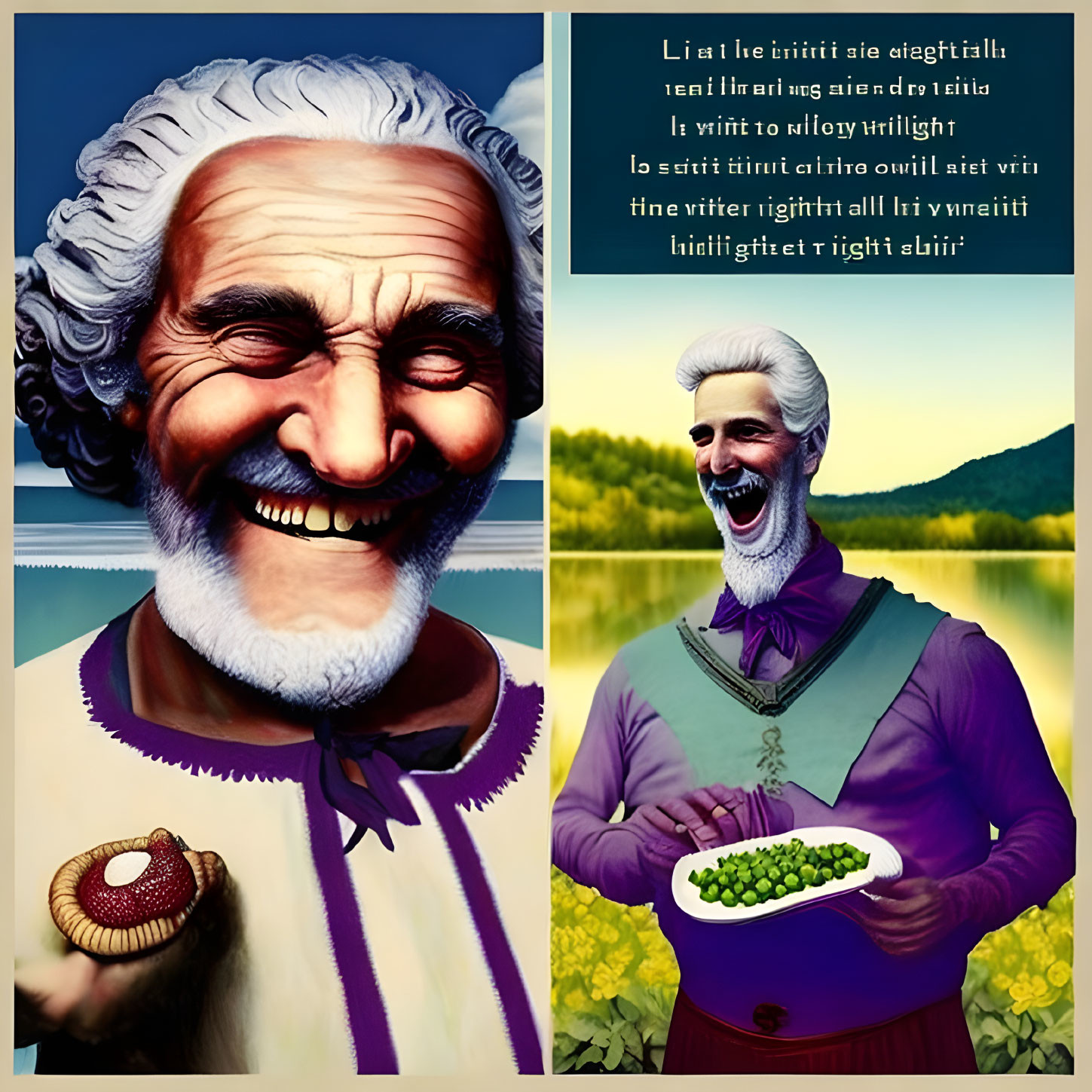 Split Illustration: Bearded Man in Classical Attire with Donut & Peas Bowl