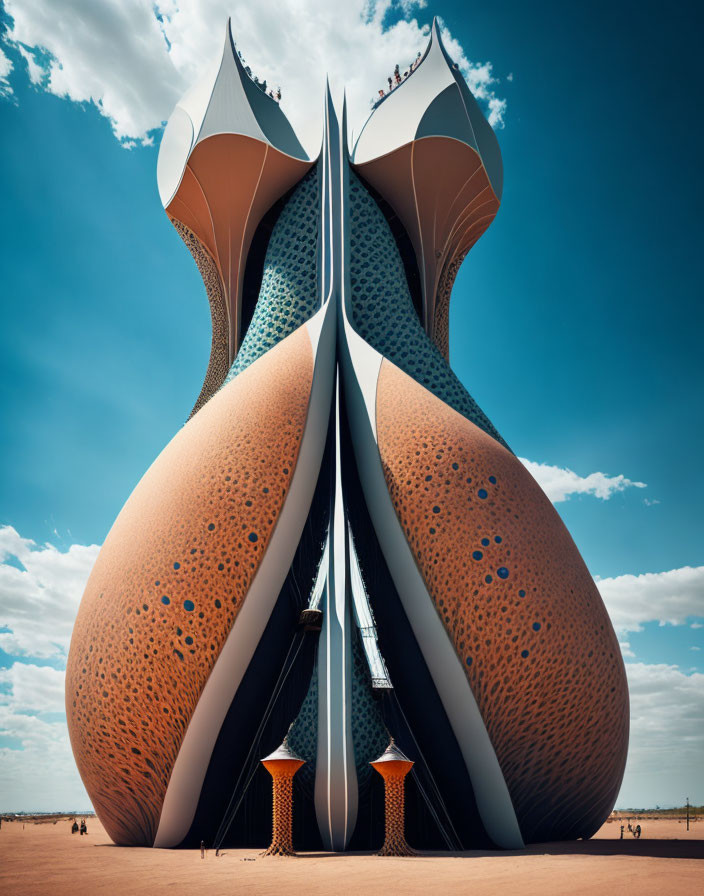 Futuristic flower-shaped building on blue sky with split stem base