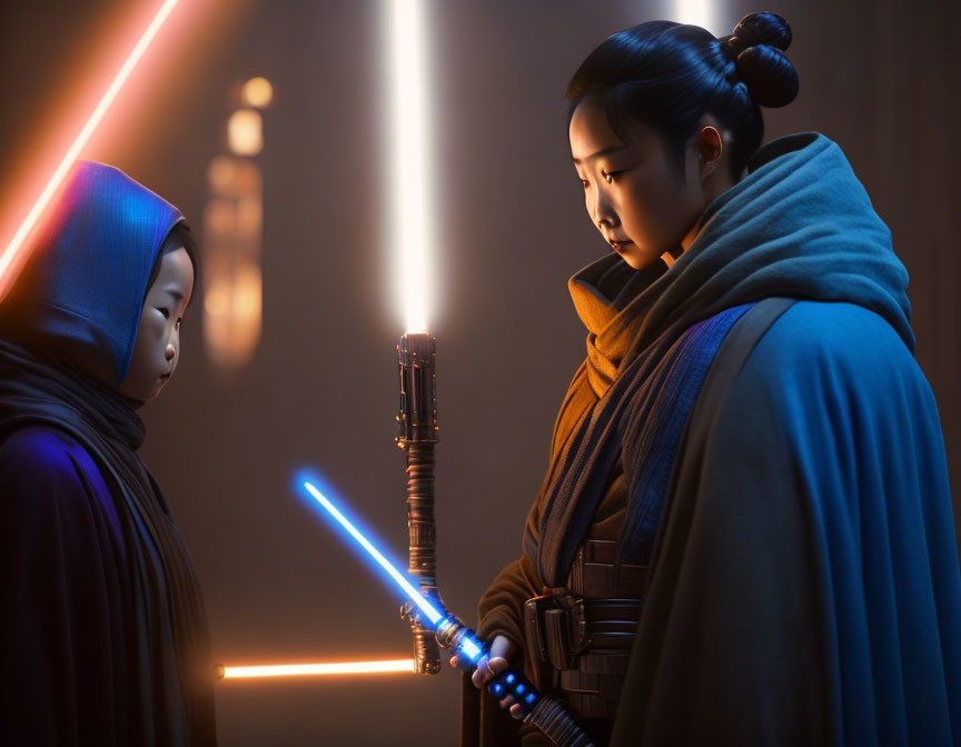 Two individuals in robes with blue and red lightsabers in a dimly-lit setting.