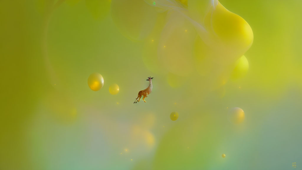 Speckled giraffe in surreal floating scene with yellow bubbles and green background.