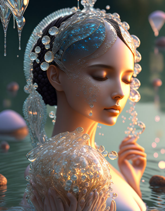 Ethereal woman with jewelry and headdress in serene setting